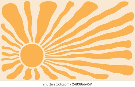 Sun groovy background, summer retro burst, yellow graphic radial wavy. Abstract trendy sunshine poster. Cartoon light beam print. Vintage boho pattern. Modern vector illustration