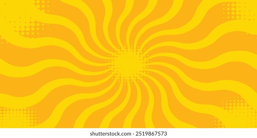 Fondo groovy del sol, verano retro radial explosión, semitono, Anuncio amarillo con rayos, estallido estelar amarillo con semitono Fondo retro del rayo de sol, Anuncio hippie de la explosión del sol, Fondo con rayos solares