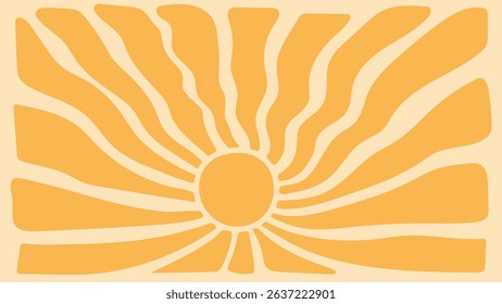 Sun groovy background, summer retro radial burst, yellow graphic wave. Abstract trendy sunshine poster. Vintage boho pattern. 