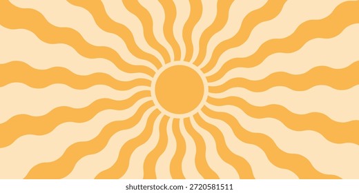 Sol groovy fondo, verano retro radial explosión, onda gráfica amarilla. Abstractas cartel de moda del sol. Patrón boho de Antiguas. 