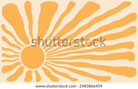 Sun groovy background, summer retro burst, yellow graphic radial wavy. Abstract trendy sunshine poster. Cartoon light beam print. Vintage boho pattern. Modern vector illustration