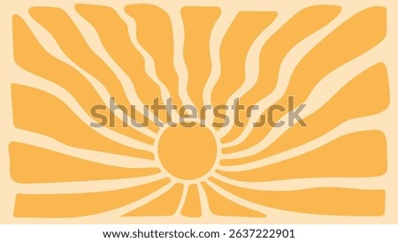 Sun groovy background, summer retro radial burst, yellow graphic wave. Abstract trendy sunshine poster. Vintage boho pattern. 