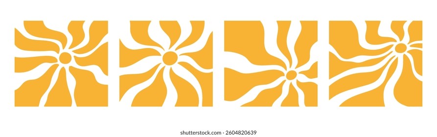 Sun groovy radial in 70s psychedelic style. Retro sunshine burst with abstract wave rays. Flat vector illustration isolated on white background.