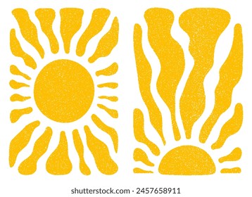 Sun groovy retro elements set isolated on transparent background. Organic abstract wavy shapes and vintage grainy stippling texture. Modern retro Matisse style vector illustration