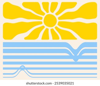 Sun groovy and sea waves. Geometric elements 60s-70s style. Retro design summer beach minimalist background. Vector illustration.