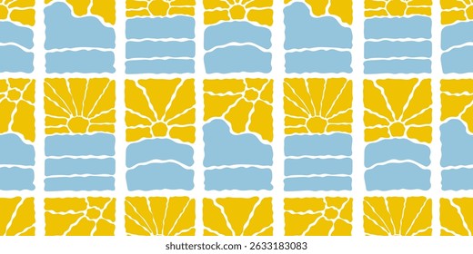 Sun groovy seamless pattern. Seamless floral pattern with a groovy 70s feel. Designed for interior decor, product packaging, and trendy digital assets 