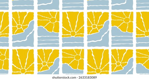 Sun groovy seamless pattern. Seamless floral pattern with a groovy 70s feel. Designed for interior decor, product packaging, and trendy digital assets 