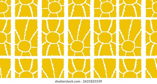 Sun groovy seamless pattern. Various yellow floral hippie vertical elements, hand drawn abstract wavy pattern in modern retro Matisse style. Vector illustration isolated on transparent background