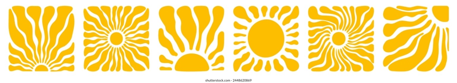 Sun groovy square design elements set. Various yellow floral hippie poster templates, hand drawn abstract wavy patterns in modern retro Matisse style. Vector illustration on transparent background