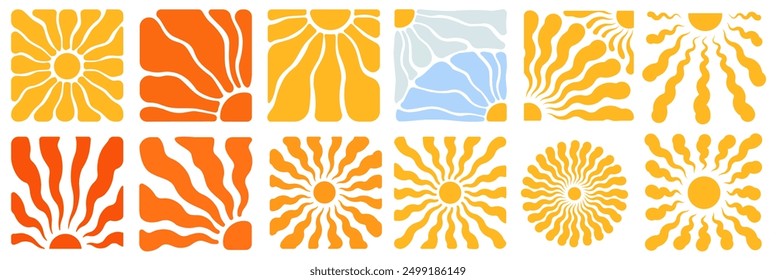 Sun groovy square design elements set. Groovy retro abstract sun backgrounds