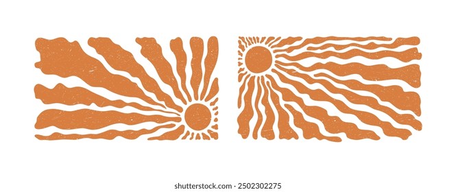 Sun groovy vertical prints set. Collection Hand drawn abstract floral patterns with vintage grainy stippling texture . Modern retro Matisse style