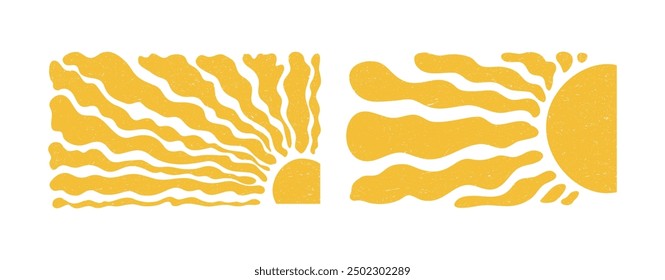 Sun groovy vertical prints set. Collection Hand drawn abstract floral patterns with vintage grainy stippling texture . Modern retro Matisse style