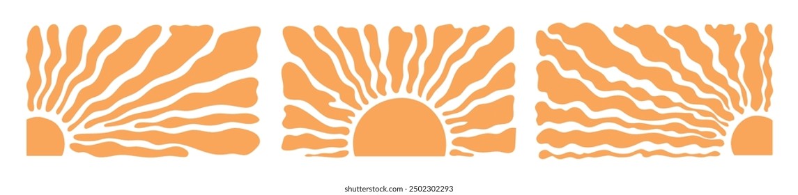 Sun groovy vertical prints set. Collection Hand drawn abstract floral patterns with vintage grainy stippling texture . Modern retro Matisse style
