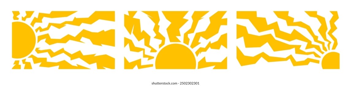 Sun groovy vertical prints set. Collection Hand drawn abstract floral patterns with vintage grainy stippling texture . Modern retro Matisse style