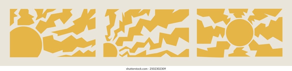 Sun groovy vertical prints set. Collection Hand drawn abstract floral patterns with vintage grainy stippling texture . Modern retro Matisse style