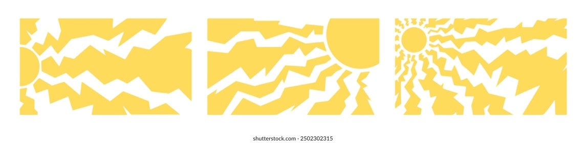 Sun groovy vertical prints set. Collection Hand drawn abstract floral patterns with vintage grainy stippling texture . Modern retro Matisse style