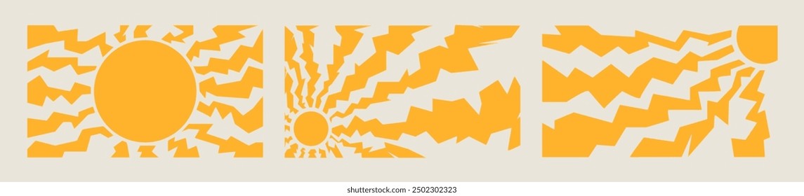 Sun groovy vertical prints set. Collection Hand drawn abstract floral patterns with vintage grainy stippling texture . Modern retro Matisse style