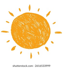Zon met grunge potlood textuur in hand getrokken stijl geïsoleerd op witte achtergrond. Leuk natuur zomer element. Zon, warmte-icoon met stralen