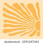 Sun half groovy background, summer ray icon, retro radial burst, yellow graphic wave bg. Abstract sunshine poster. Cartoon light beam print. Vintage boho pattern. Vector illustration
