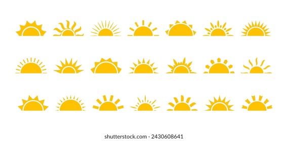 Sun half icon, sunrise ray, morning light, yellow burst, summer symbol. Solar shine isolated on white background. Cartoon vector illustration