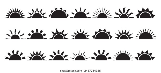 Sun half icon, sunrise ray, morning light burst, summer symbol. Solar shine, black silhouettes isolated on white background. Cartoon simple vector illustration