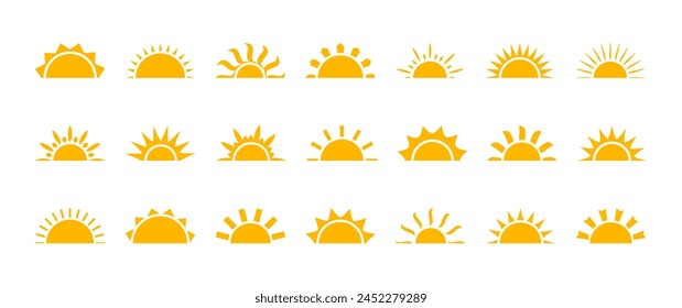 Sun half icon, sunrise ray, morning light, yellow burst, summer symbol. Solar shine set isolated on white background. Cartoon vector illustration