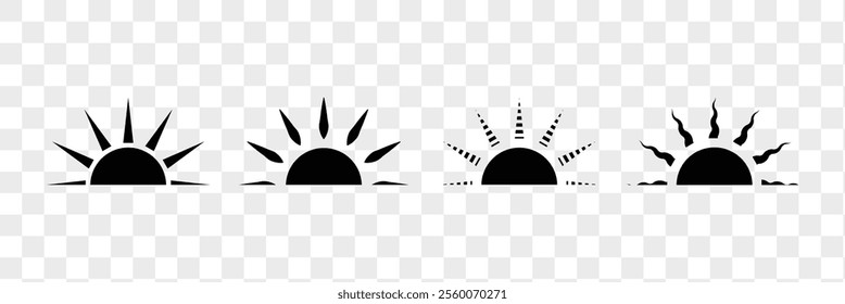Sun half icon, sunrise ray, morning light burst, summer symbol. Solar shine, black silhouettes isolated on white background. Half sun icon set. EPS 10.