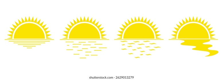 Sun half icon, sunrise ray, morning light, yellow burst, summer symbol. Solar shine set. Sunset icon. Sunset icon set. sunset vector illustration-simple illustration of sunset. Design eps 10. 