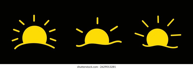 Icono de la mitad del sol, rayo de la salida del sol, luz de la mañana, explosión amarilla, símbolo de verano. Conjunto de brillo solar. Icono de puesta de sol. Conjunto de iconos de puesta de sol. Ilustración vectorial de puesta de sol-ilustración simple de puesta de sol. Diseño eps 10. 