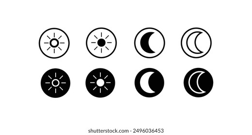 Sun and half moon icon set. Vector illustration.Mobile apps or website screen brightness icon set. Day and night mode. sun, moon sign in filled and outlined icon set. Black and white icon.
