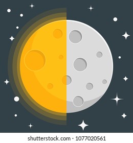 sun half and moon half in space element of solar system star background flat style