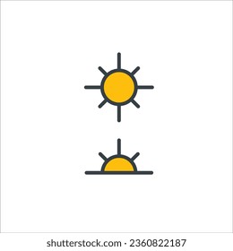 Sonne und Halbsonne für Sonnenaufgang Symbol, Umrissvektor, lineares Piktogramm, Sonnenwettersymbol, Logo-Illustration. Vektorgrafik einzeln