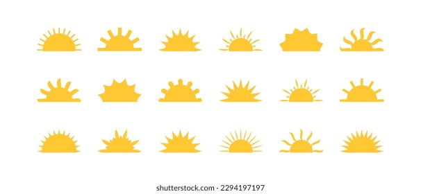 Sun half vector icon, sunrise sign, morning light, yellow burst, summer symbol isolated on white background. Cartoon solar ray illustration