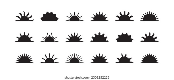 Sun half vector icon, sunrise sign, morning light, burst, black summer symbol isolated on white background. Cartoon solar ray