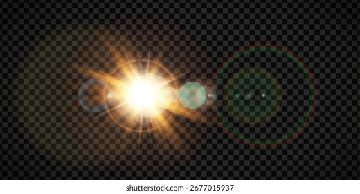 Efeito de erupção do halo solar com brilho transparente e raios de sol dourados. Padrão starburst de verão ou sobreposições de lentes vibrantes para fundos sazonais. Partículas de feixe óptico ou efeito de fade brilhante.
