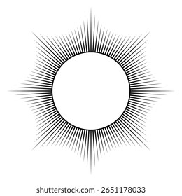 Sun with halo, a solar disk symbol. White circle representing the sun, surrounded by sunbeams that radiate outwards in eight cardinal directions, evoking the optical illusion of an illusory contour.