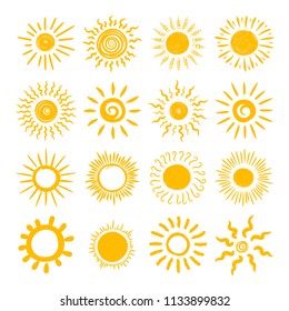 Sun hand draw icon set. Solar symbol, yellow round shape hot weather image. Vector flat style cartoon sun sketch illustration isolated on white background