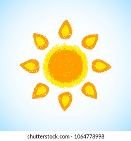 Sun hand drawn with crayons on blue sky background. Vector illustration.