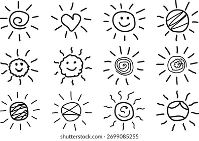 Sun hand drawn doodle icon collection vector set