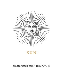 Sun, hand drawn in engraving style. Vector graphic retro illustration. Vintage pastiche of esoteric and occult sign.