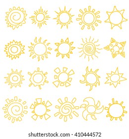 Sun hand drawn. Set sun icons on white background. Isolated sun linear icons. sun hand drawing picture