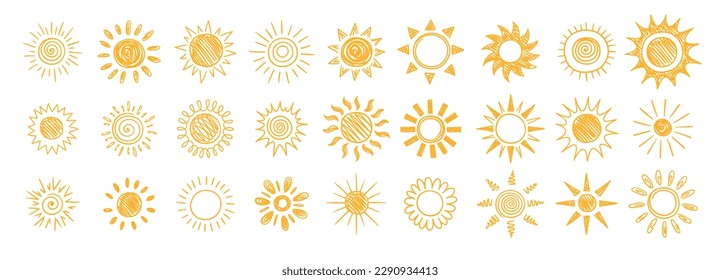 Sun hand drawn set. Yellow elements and symbols of rays and light in doodle style. Funny line art icons for covers, diaries and notebooks. Linear flat vector collection isolated on white background