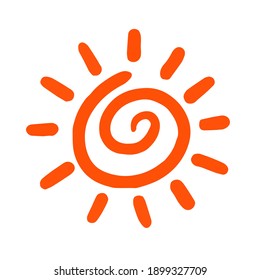 Symbole dessiné à la main du soleil. Icône de soleil en spirale sur fond isolé. Dessin d'enfant. Couleur noire. Illustration vectorielle