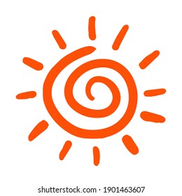 Sun hand drawn symbol. Sun icon as spiral on isolated background. Children's drawing. Black color. Vector illustration