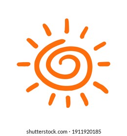 Sun hand drawn symbol. Sun icon as spiral on isolated background. Children's drawing. Black color. Vector illustration