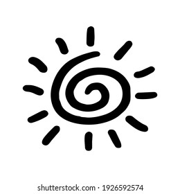Sonnenhandgezeichnetes Symbol. Sonnensymbol als Spirale auf isoliertem Hintergrund. Kinderzeichnung. Schwarze Farbe. Vektorgrafik