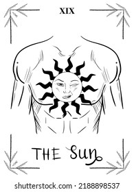 The sun hand drawn tarot card. Vector illustration with sun tattoo at human body. Witchcraft concept for tarot readers