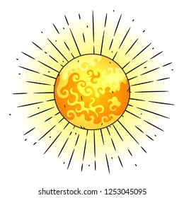 Sun. Hand drawn vector illustration with sun and divergent rays. Used for poster, banner, web, t-shirt print, bag print, badges, flyer, logo design and more. 