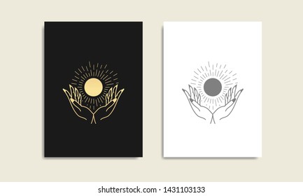 Sun and hand gold logo, magic spiritual guidance tarot reader Colorful gradient design. illustration.