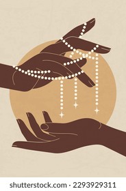 Sun with hand holding jewelry poster illustration. Witch card minimalist vector illustration.